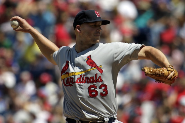St. Louis Cardinals starting pitcher Justin Masterson throws against the Philadelphia Phillies in the first inning of a baseball game Sunday, Aug. 24, 2014, in Philadelphia. (AP Photo/H. Rumph Jr)