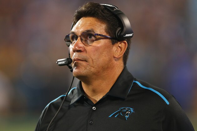 CHARLOTTE, NC - SEPTEMBER 21:  Head coach Ron Rivera of the Carolina Panthers during the game at Bank of America Stadium on September 21, 2014 in Charlotte, North Carolina.  (Photo by Streeter Lecka/Getty Images)