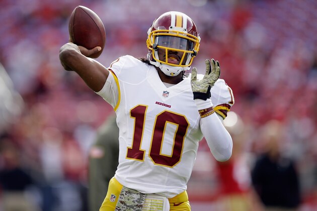 SANTA CLARA, CA - NOVEMBER 23:  Robert Griffin III #10 of the Washington Redskins takes warm up throws during pregame against the San Francisco 49ers at Levi's Stadium on November 23, 2014 in Santa Clara, California.  (Photo by Ezra Shaw/Getty Images)