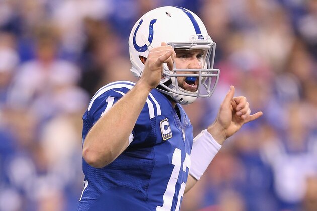 INDIANAPOLIS, IN - NOVEMBER 23:  Andrew Luck #12 of the Indianapolis Colts gives instructions to his team during the game against the Jacksonville Jaguars at Lucas Oil Stadium on November 23, 2014 in Indianapolis, Indiana.  (Photo by Andy Lyons/Getty Images)