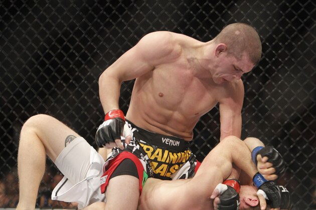 Joe Lauzon, top, battles Mac Danzig during a UFC Mixed Martial Arts lightweight fight in Sacramento, Calif., on Saturday, Dec. 14, 2013.(AP Photo/Steve Yeater)