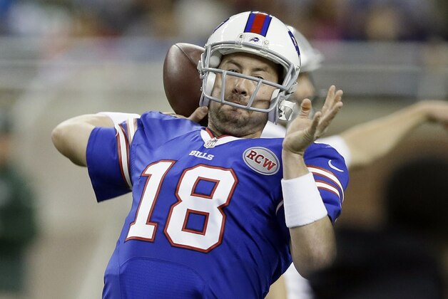 Buffalo Bills quarterback Kyle Orton throws during warmups before an NFL football game against the New York Jets in Detroit, Monday, Nov.24, 2014. (AP Photo/Carlos Osorio)