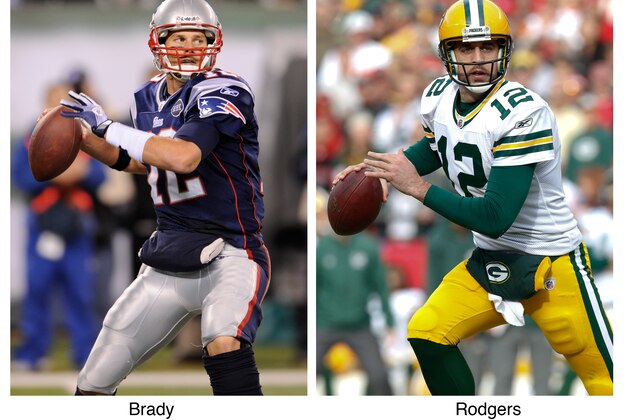 FILE - In these 2011 file photos, New England Patriots quarterback Tom Brady, left, and Green Bay Packers quarterback Aaron Rodgers look to pass during NFL football games. Brady and Rodgers were announced as Pro Bowl starters for the AFC and the NFC, respectively, by the NFL on Tuesday, Dec. 27, 2011. Brady is one of eight Patriots to make the Pro Bowl. Seven Packers were named to the team. (AP Photos/File)