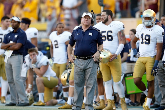 TEMPE, AZ - NOVEMBER 08:  Head coach Brian Kelly of the Notre Dame Fighting Irish reacts on the sidelines during the college football game against the Arizona State Sun Devils at Sun Devil Stadium on November 8, 2014 in Tempe, Arizona.  The Sun Devils defeated the Fighting Irish 55-31.  (Photo by Christian Petersen/Getty Images)