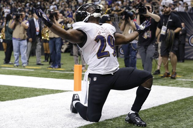 Baltimore Ravens running back Justin Forsett (29) celebrates his touchdown carry in the second half of an NFL football game against the New Orleans Saints in New Orleans, Monday, Nov. 24, 2014. (AP Photo/Jonathan Bachman)