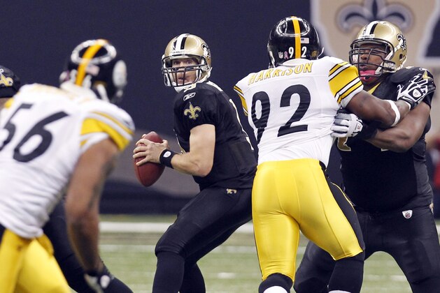 New Orleans Saints quarterback Drew Brees (9) looks to pass during the first quarter of an NFL football game against the Pittsburgh Steelers at the Louisiana Superdome in New Orleans, Sunday, Oct. 31, 2010. (AP Photo/Gerald Herbert)