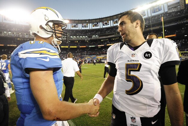San Diego Chargers quarterback Philip Rivers, left, shakes hands with Baltimore Ravens quarterback Joe Flacco (5) after the Ravens defeated the Chargers 16-13 in overtime during an NFL football game, Sunday, Nov. 25, 2012, in San Diego. (AP Photo/Denis Poroy)