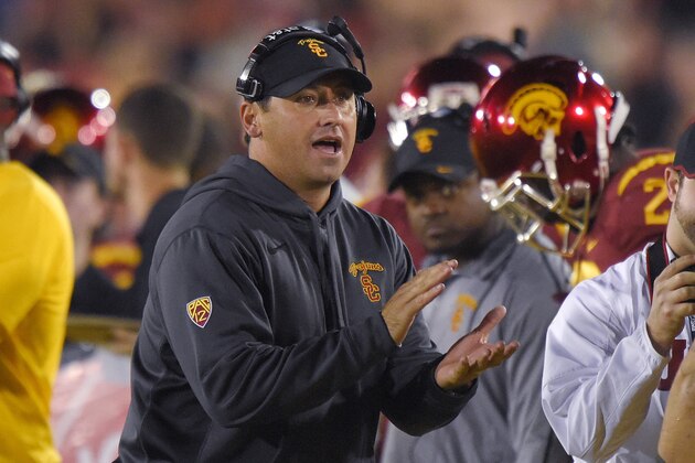 Southern California coach Steve Sarkisian claps during the second half of an NCAA college football game against California, Thursday, Nov. 13, 2014, in Los Angeles. USC won 38-30. (AP Photo/Mark J. Terrill)