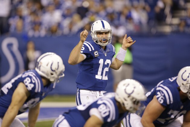 Indianapolis Colts quarterback Andrew Luck (12) call a play during the first half of an NFL football game against the Jacksonville Jaguars Sunday, Nov. 23, 2014 in Indianapolis. (AP Photo/AJ Mast)