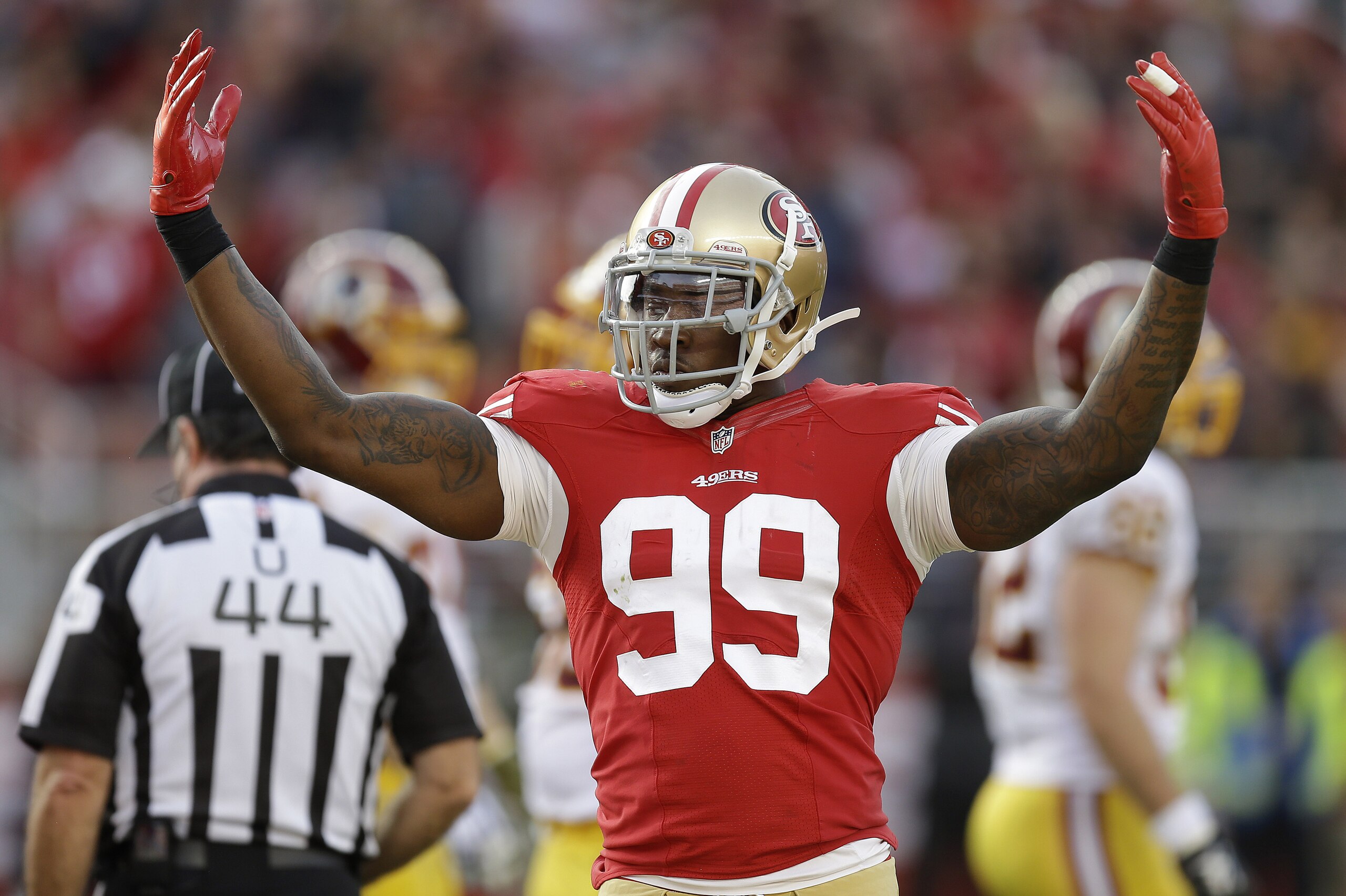 San Francisco 49ers linebacker Aldon Smith (99) against the Washington Redskins during an NFL football game in Santa Clara, Calif., Sunday, Nov. 23, 2014. (AP Photo/Ben Margot)