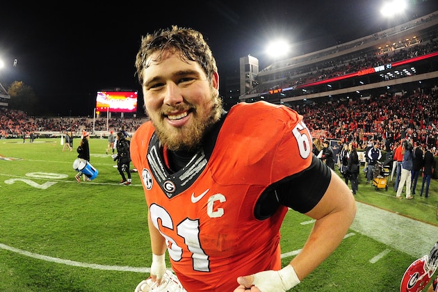 ATHENS, GA - NOVEMBER 15: David Andrews #61 of the Georgia Bulldogs celebrates after the game against the Auburn Tigers at Sanford Stadium on November 15, 2014 in Athens, Georgia. (Photo by Scott Cunningham/Getty Images)