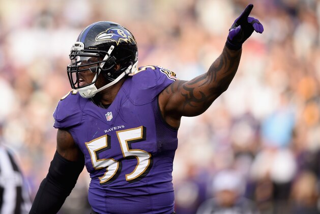 BALTIMORE, MD - NOVEMBER 09:  Outside linebacker Terrell Suggs #55 of the Baltimore Ravens celebrates a sack in the second half of a game against the Tennessee Titans at M&T Bank Stadium on November 9, 2014 in Baltimore, Maryland.  (Photo by Patrick Smith/Getty Images)