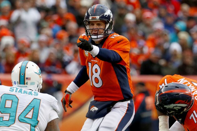 Denver Broncos quarterback Peyton Manning (18) calls a play against the Miami Dolphins during an NFL football game, Sunday, Nov. 23, 2014, in Denver. (AP Photo/Jack Dempsey)