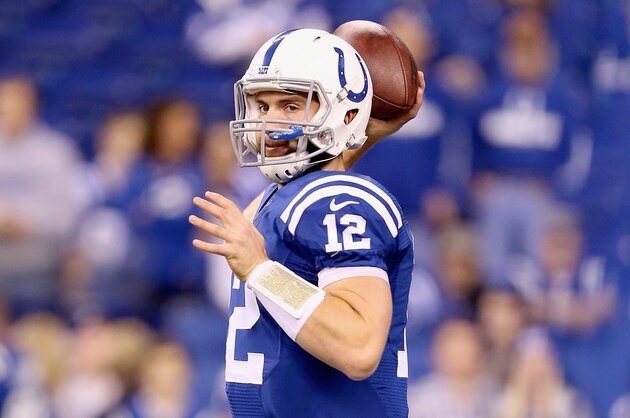 INDIANAPOLIS, IN - NOVEMBER 23:  Andrew Luck #12 of the Indianapolis Colts throws a pass before the game against the Jacksonville Jaguars at Lucas Oil Stadium on November 23, 2014 in Indianapolis, Indiana.  (Photo by Andy Lyons/Getty Images)