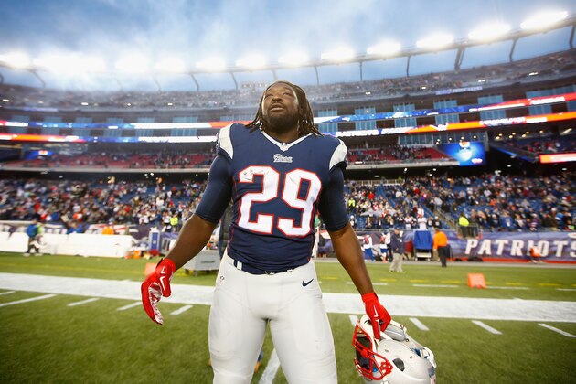 FOXBORO, MA - NOVEMBER 23:  LeGarrette Blount #29 of the New England Patriots reacts after a game against the Detroit Lions at Gillette Stadium on November 23, 2014 in Foxboro, Massachusetts.  (Photo by Jared Wickerham/Getty Images)