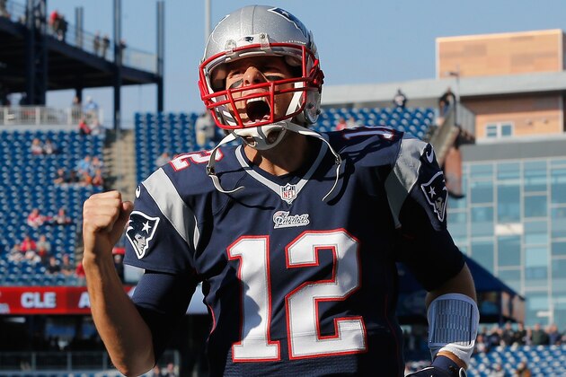 FOXBORO, MA - NOVEMBER 23:  Tom Brady #12 of the New England Patriots reacts prior to the game against the Detroit Lions at Gillette Stadium on November 23, 2014 in Foxboro, Massachusetts.  (Photo by Jim Rogash/Getty Images)