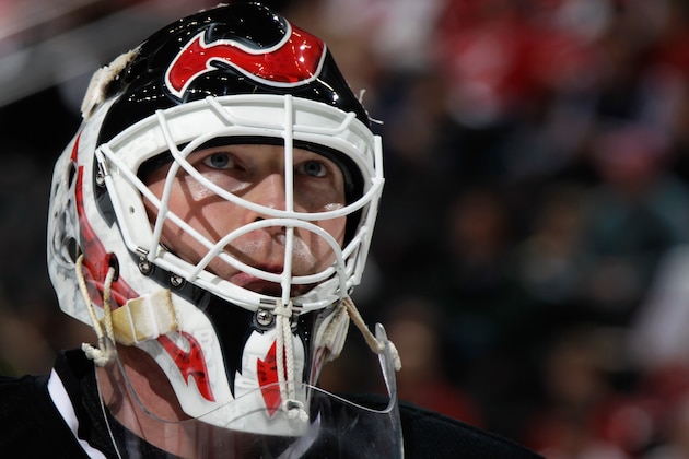 NEWARK, NJ - APRIL 13: Martin Brodeur #30 of the New Jersey Devils takes a break during the game against the Boston Bruins at the Prudential Center on April 13, 2014 in Newark, New Jersey. The Devils defeated the Bruins 3-2. (Photo by Bruce Bennett/Getty Images)