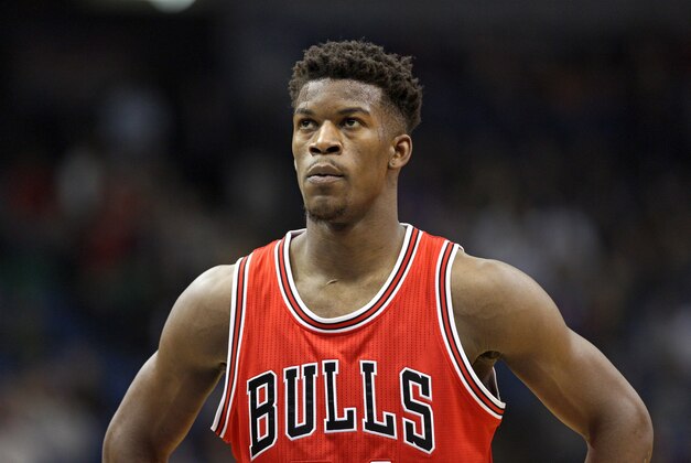 Nov 1, 2014; Minneapolis, MN, USA; Chicago Bulls guard Jimmy Butler (21) looks on during the first quarter against the Minnesota Timberwolves at Target Center. The Bulls defeated the Timberwolves 106-105. Mandatory Credit: Brace Hemmelgarn-USA TODAY Sports