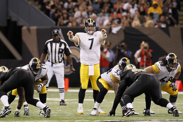 Pittsburgh Steelers quarterback Ben Roethlisberger (7) points across the line of scrimmage during an NFL football game against the New Orleans Saints at the Louisiana Superdome in New Orleans, Sunday, Oct. 31, 2010. (AP Photo/Patrick Semansky)