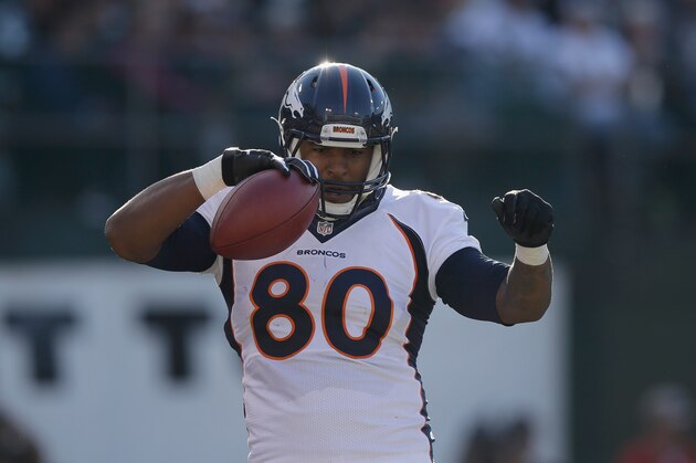 OAKLAND, CA - NOVEMBER 09: Julius Thomas #80 of the Denver Broncos celebrates a third-quarter touchdown against the Oakland Raiders at O.co Coliseum on November 9, 2014 in Oakland, California.  (Photo by Ezra Shaw/Getty Images)