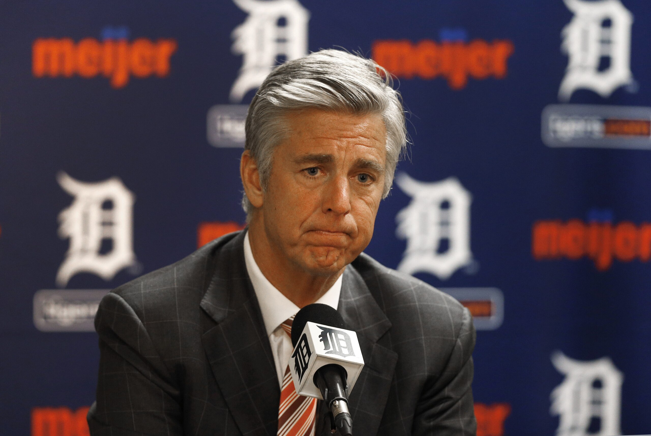 Detroit Tigers general manager Dave Dombrowski speaks to the media in Detroit Tuesday, Oct. 14, 2014. Dombrowski discussed the team's offseason plans. Detroit won the AL Central for a fourth straight year but was swept by Baltimore in the playoffs. (AP Photo/Paul Sancya)