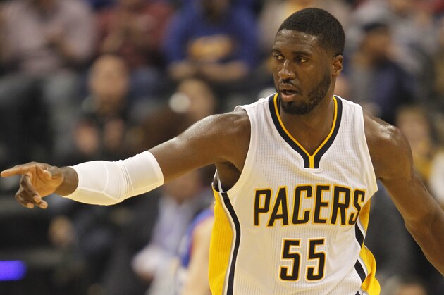 Indiana Pacers center Roy Hibbert (55) during an NBA basketball game between the Indiana Pacers and the Philadelphia 76ers in Indianapolis, Wednesday, Oct. 29, 2014. The Pacers won 103-91. (AP Photo/AJ Mast)