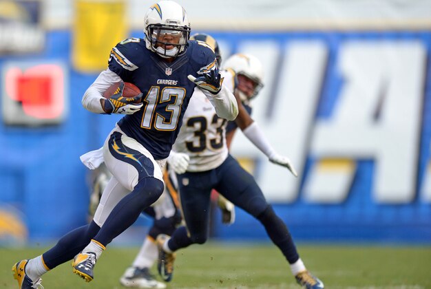 Nov 23, 2014; San Diego, CA, USA; San Diego Chargers wide receiver Keenan Allen (13) runs for a touchdown during the fourth quarter against the St. Louis Rams at Qualcomm Stadium. Mandatory Credit: Jake Roth-USA TODAY Sports