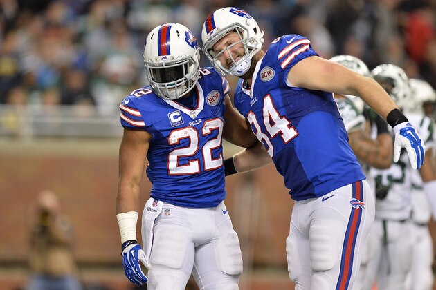 DETROIT, MI - NOVEMBER 24: Fred Jackson #22 of the Buffalo Bills celebrates a third quarter touchdown with teammate Scott Chandler #84 while playing the New York Jets at Ford Field on November 24, 2014 in Detroit, Michigan. (Photo by Leon Halip/Getty Images)