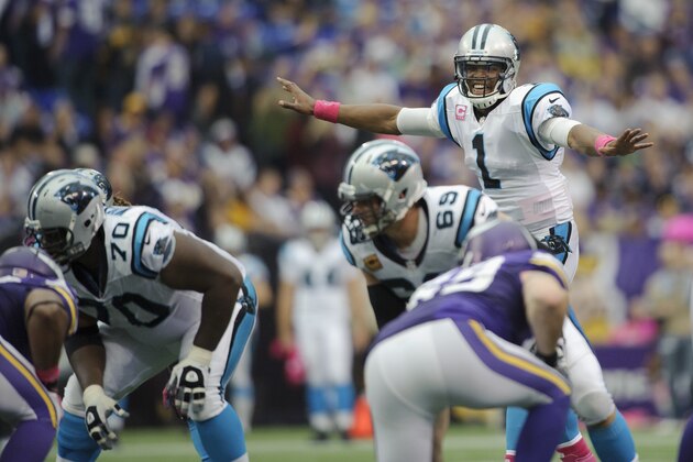 MINNEAPOLIS, MN - OCTOBER 13: Cam Newton #1 of the Carolina Panthers calls a play at the line of scrimmage during the game against the Minnesota Vikings on October 13, 2013 at Mall of America Field at the Hubert H. Humphrey Metrodome in Minneapolis, Minnesota. The Panthers defeated the Vikings 35-10. (Photo by Hannah Foslien/Getty Images)