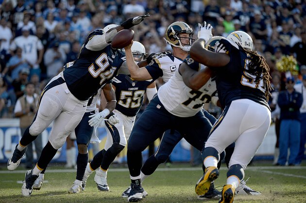SAN DIEGO, CA- NOVEMBER 23:  Quarterback Shaun Hill #14 of the St. Louis Rams has the ball knocked out of his hand by Corey Liuget #94 of the San Diego Chargers which resulted in a fumble and touchdown during their NFL Game on November 23, 2014 in San Diego, California. (Photo by Donald Miralle/Getty Images)