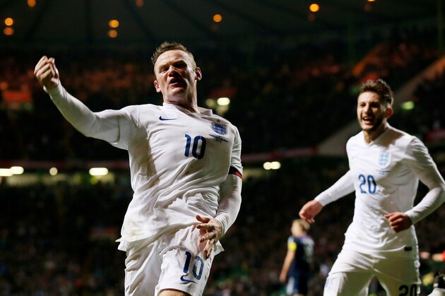 GLASGOW, SCOTLAND - NOVEMBER 18:  Wayne Rooney of England celebrates after scoring his team's third goal during the International Friendly match between Scotland and England at Celtic Park Stadium on November 18, 2014 in Glasgow, Scotland.  (Photo by Alex Livesey/Getty Images)