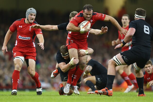 CARDIFF, WALES - NOVEMBER 22:  Jamie Roberts of Wales is tackled by Wyatt Crockett of the All Blacks during the International match between Wales and New Zealand at the Millennium Stadium on November 22, 2014 in Cardiff, Wales.  (Photo by Michael Steele/Getty Images)