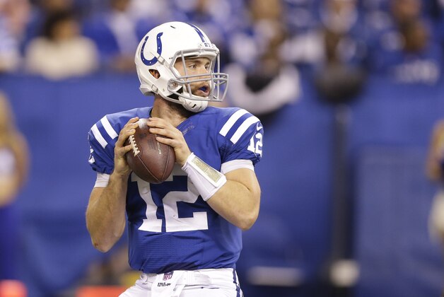Indianapolis Colts quarterback Andrew Luck (12) throws during the first half of an NFL football game against the Jacksonville Jaguars Sunday, Nov. 23, 2014 in Indianapolis. (AP Photo/Michael Conroy)