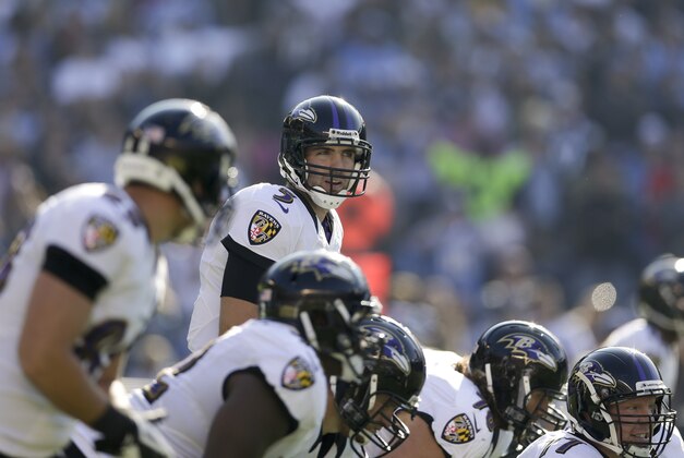 Baltimore Ravens quarterback Joe Flacco lines up against the San Diego Chargers during the first half of an NFL football game Sunday, Nov. 25, 2012, in San Diego. (AP Photo/Gregory Bull)