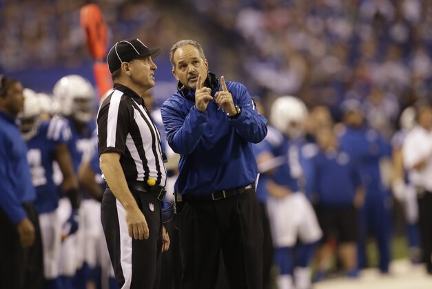 Indianapolis Colts head coach Chuck Pagano talks with an official during the first half of an NFL football game against the Jacksonville Jaguars Sunday, Nov. 23, 2014 in Indianapolis. (AP Photo/AJ Mast)