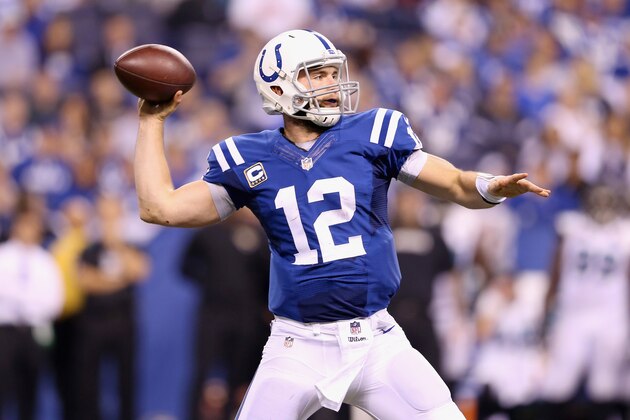 INDIANAPOLIS, IN - NOVEMBER 23:  Andrew Luck #12 of the Indianapolis Colts throws a touchdown pass during the game against the Jacksonville Jaguars at Lucas Oil Stadium on November 23, 2014 in Indianapolis, Indiana.  (Photo by Andy Lyons/Getty Images)