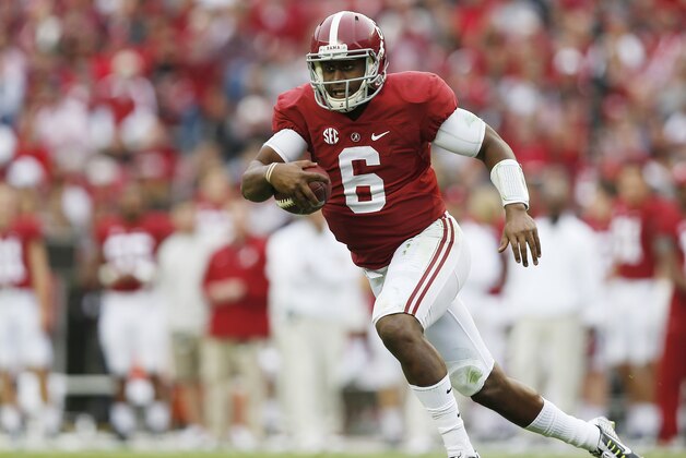Alabama quarterback Blake Sims (6) runs the ball during the first half of an NCAA college football game against Western Carolina, Saturday, Nov. 22, 2014, in Tuscaloosa, Ala. (AP Photo/Brynn Anderson)