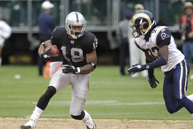 Oakland Raiders wide receiver Louis Murphy (18) and St. Louis Rams cornerback Jerome Murphy (23) in an NFL football game in Oakland, Calif., Sunday, Sept. 19, 2010. (AP Photo/Paul Sakuma)