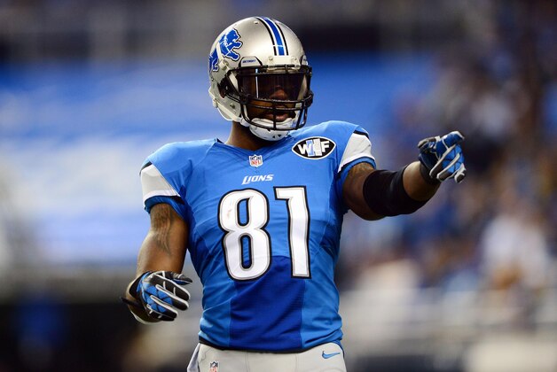 Nov 27, 2014; Detroit, MI, USA; Detroit Lions wide receiver Calvin Johnson (81) points to the sidelines during the first quarter against the Chicago Bears at Ford Field. Mandatory Credit: Andrew Weber-USA TODAY Sports