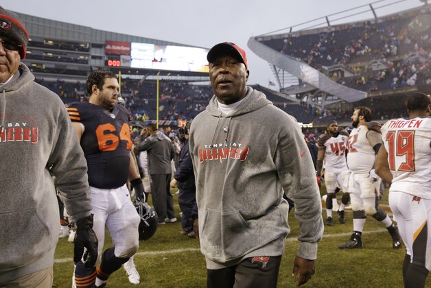 Tampa Bay Buccaneers head coach Lovie Smith leaves the field after the Buccaneers' 21-13 loss  to the Chicago Bears inan NFL football game Sunday, Nov. 23, 2014, in Chicago. (AP Photo/Nam Y. Huh)