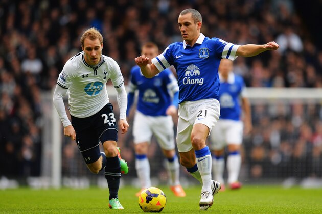 LONDON, ENGLAND - FEBRUARY 09:  Leon Osman (R) of Everton holds off the challenge of Christian Eriksen (L) of Tottenham Hotspur during the Barclays Premier League match between Tottenham Hotspur and Everton at White Hart Lane on February 9, 2014 in London, England.  (Photo by Shaun Botterill/Getty Images)
