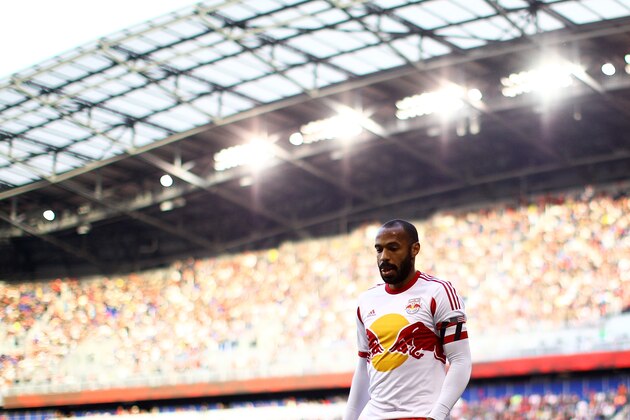 HARRISON, NJ - NOVEMBER 23:  Thierry Henry #14 of New York Red Bulls looks on against the New England Revolution during the Eastern Conference Final - Leg 1 at Red Bull Arena on November 23, 2014 in Harrison, New Jersey. Revolution defeated the Red Bulls 2-1.  (Photo by Mike Stobe/Getty Images)