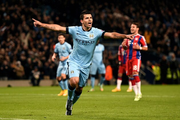 MANCHESTER, ENGLAND - NOVEMBER 25:  Sergio Aguero of Manchester City celebrates after scoring the opening goal from the penalty spot during the UEFA Champions League Group E match between Manchester City and FC Bayern Muenchen at the Etihad Stadium on November 25, 2014 in Manchester, United Kingdom.  (Photo by Michael Regan/Getty Images)