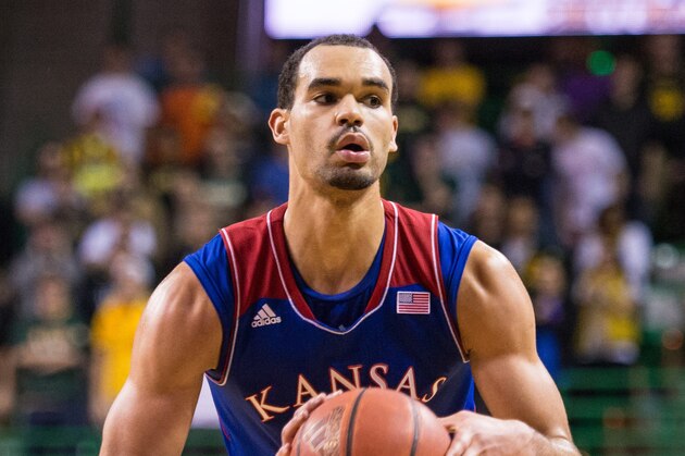 Feb 4, 2014; Waco, TX, USA; Kansas Jayhawks forward Perry Ellis (34) during the game against the Baylor Bears at the Ferrell Center. The Jayhawks defeated the Bears 69-52. Mandatory Credit: Jerome Miron-USA TODAY Sports