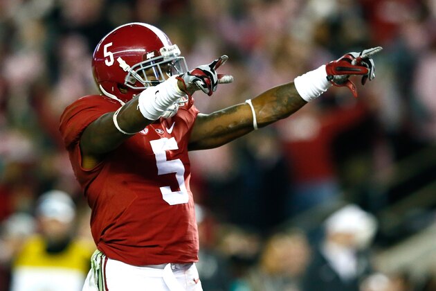 TUSCALOOSA, AL - NOVEMBER 15:  Cyrus Jones #5 of the Alabama Crimson Tide reacts after intercepting a touchdown reception intended for De'Runnya Wilson #1 of the Mississippi State Bulldogs at Bryant-Denny Stadium on November 15, 2014 in Tuscaloosa, Alabama.  (Photo by Kevin C. Cox/Getty Images)