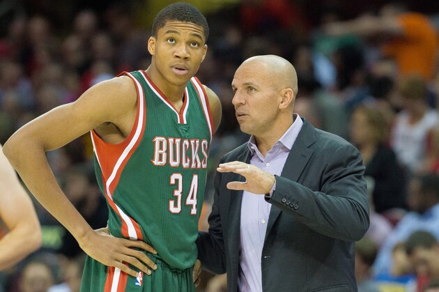 CLEVELAND, OH - OCTOBER 14: Giannis Antetokounmpo #34 talks with head coach Jason Kidd of the Milwaukee Bucks during the first half at Quicken Loans Arena on October 14, 2014 in Cleveland, Ohio. User expressly acknowledges and agrees that, by downloading and or using this photograph, User is consenting to the terms and conditions of the Getty Images License Agreement. (Photo by Jason Miller/Getty Images)