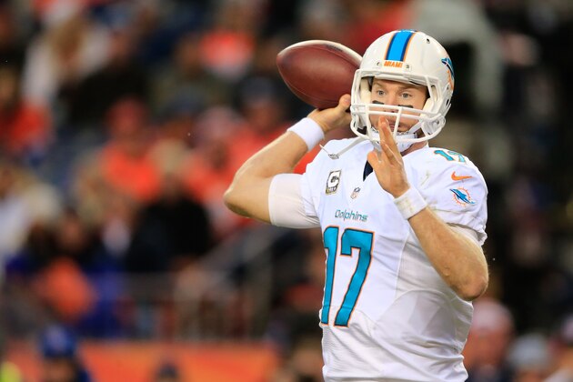 DENVER, CO - NOVEMBER 23:  Quarterback Ryan Tannehill #17 of the Miami Dolphins passes against the Denver Broncos during a game at Sports Authority Field at Mile High on November 23, 2014 in Denver, Colorado.  (Photo by Doug Pensinger/Getty Images)
