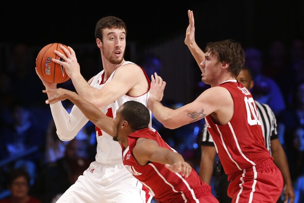 Nov 28, 2014; Paradise Island, BAHAMAS; Wisconsin Badgers forward Frank Kaminsky (44) looks to pass over Oklahoma Sooners forward Ryan Spangler (00) during the game in the 2014 Battle 4 Atlantis championship game at Imperial Arena at Atlantis Resort. Mandatory Credit: Kevin Jairaj-USA TODAY Sports