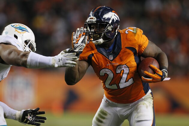 Denver Broncos running back C.J. Anderson (22) runs as Miami Dolphins defensive end Olivier Vernon defends during the second half of an NFL football game, Sunday, Nov. 23, 2014, in Denver. (AP Photo/Joe Mahoney)