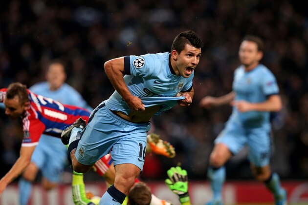 MANCHESTER, ENGLAND - NOVEMBER 25:  Sergio Aguero of Manchester City celebrates after scoring his team's third and matchwinning goal during the UEFA Champions League Group E match between Manchester City and FC Bayern Muenchen at the Etihad Stadium on November 25, 2014 in Manchester, United Kingdom.  (Photo by Alex Livesey/Getty Images)
